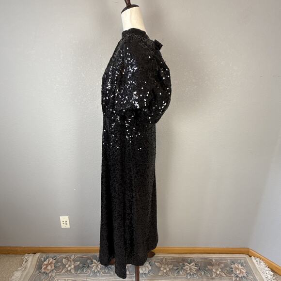 Tuckernuck Black Shimmer Sequin Perris Maxi Midi Dress Size XXL Puff Sleeve Bow - Picture 4 of 9